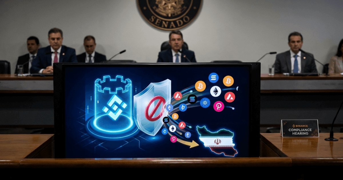 Ilustração editorial sobre altcoins: Binance Afirma ao Senado: Nenhuma Altcoin Enviada ao Irã