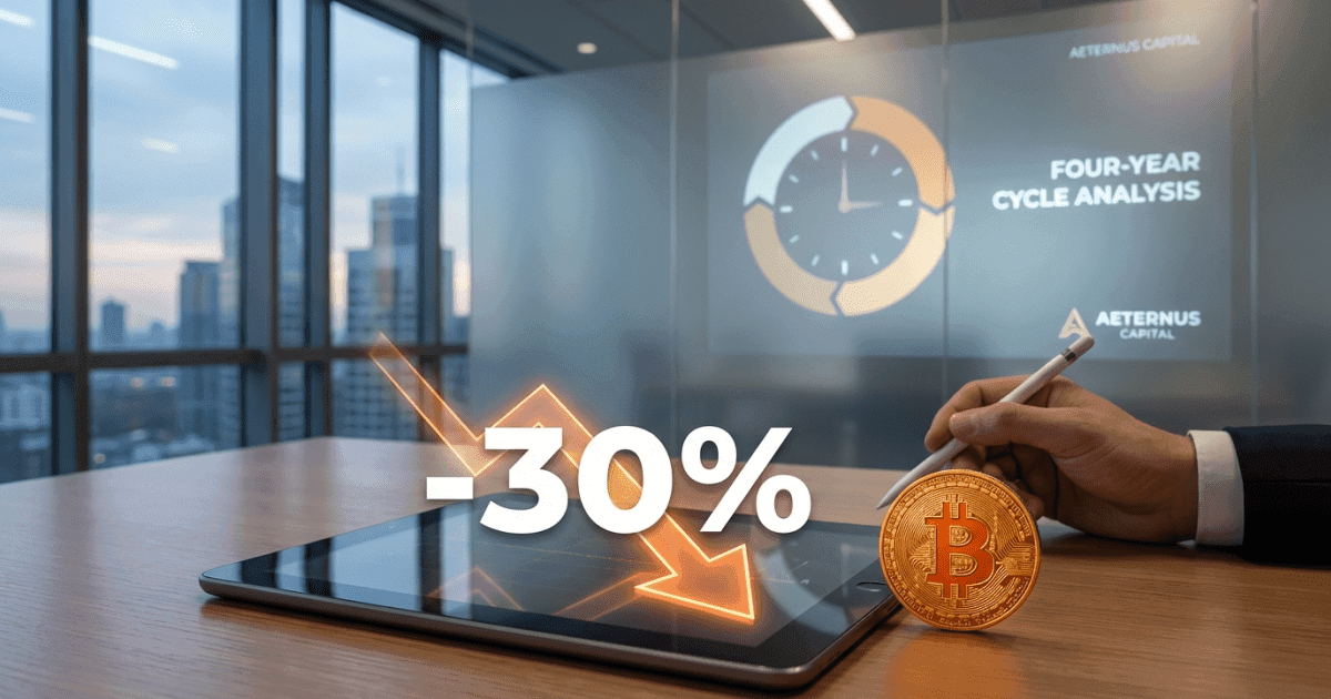 Ilustração editorial sobre bitcoin: Bitcoin Pode Cair 30% em Ciclo de Quatro Anos, Alerta Firma