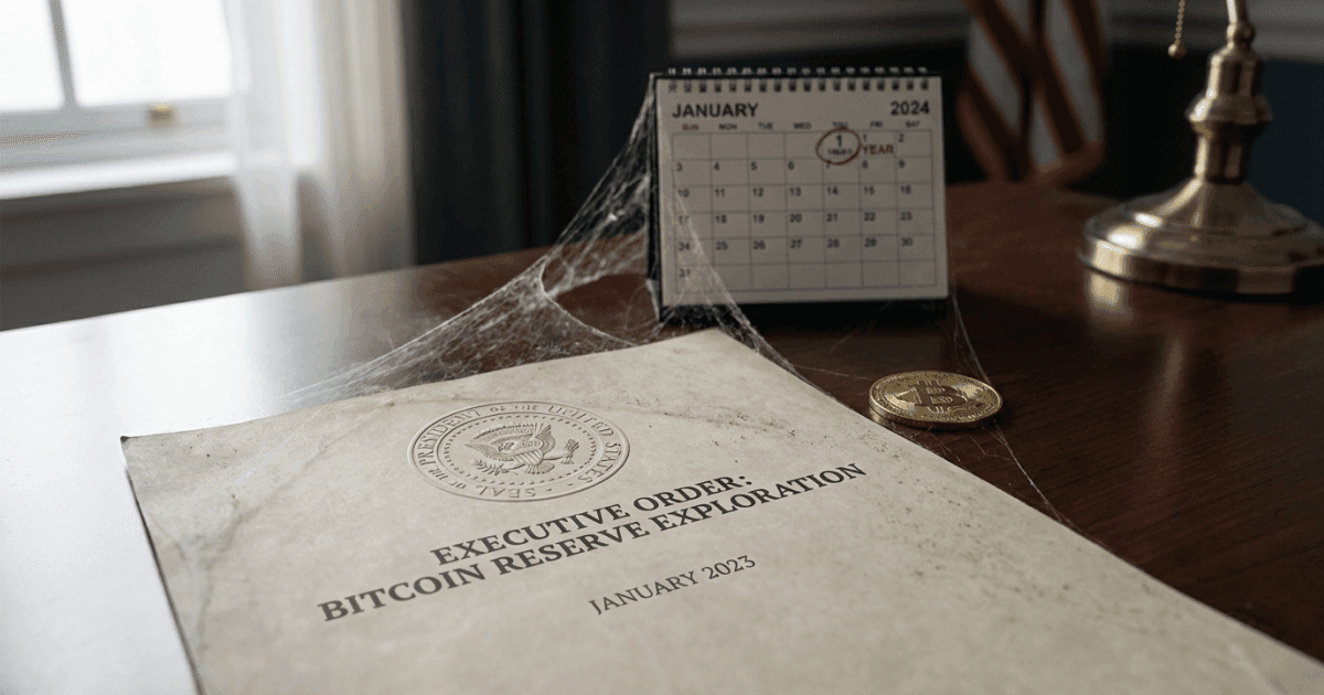 Ilustração editorial sobre bitcoin: Bitcoin: Ordem Presidencial nos EUA em Standby Há Um Ano