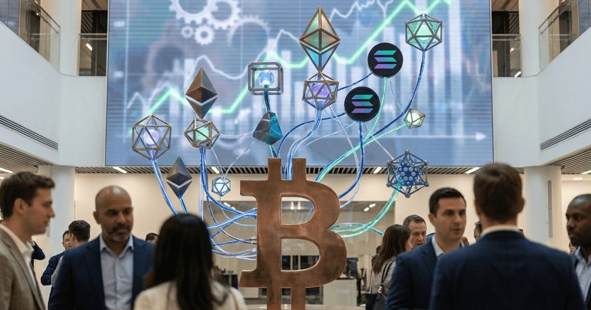 Ilustração editorial sobre altcoins: Altcoins Transformam a Estrutura do Mercado Cripto Atual