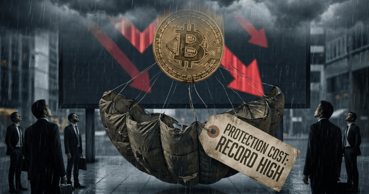 Ilustração editorial sobre bitcoin: Bitcoin: Proteção Contra Quedas Dispara, Opções Sinalizam Medo Extremo