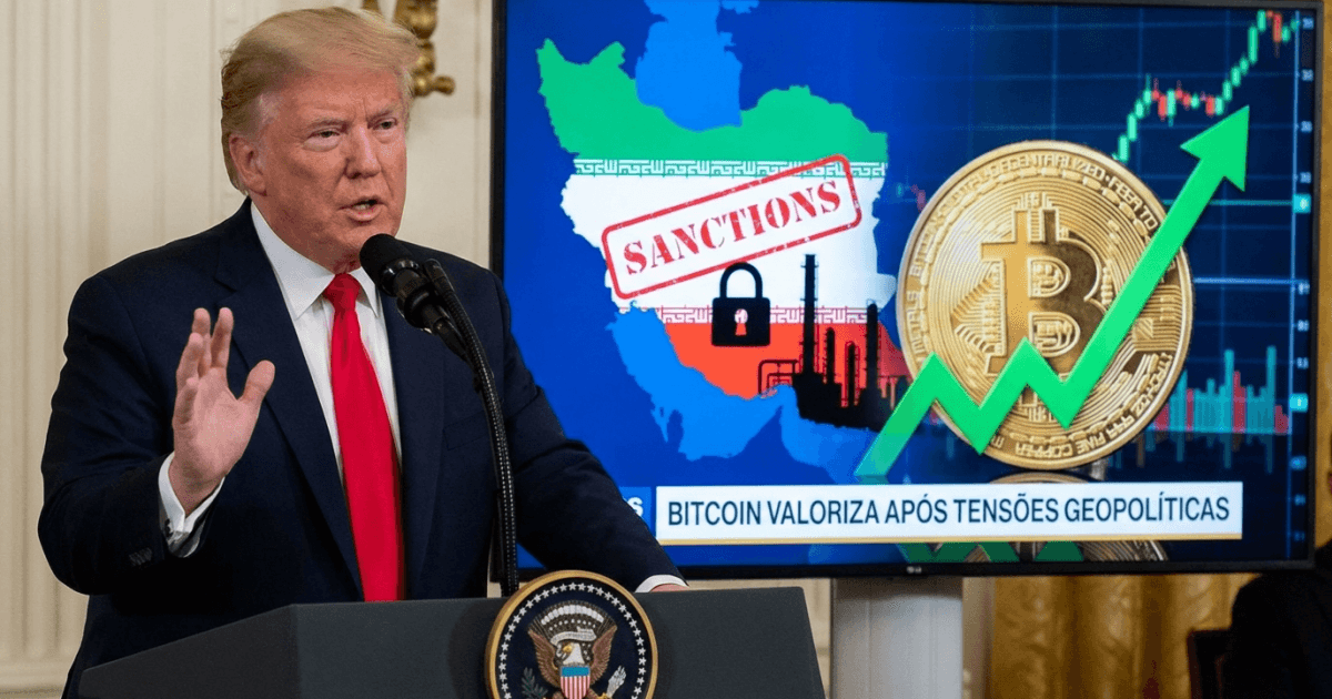 Ilustração editorial sobre bitcoin: Bitcoin Valoriza Pós Declarações de Trump Sobre Irã e Sanções