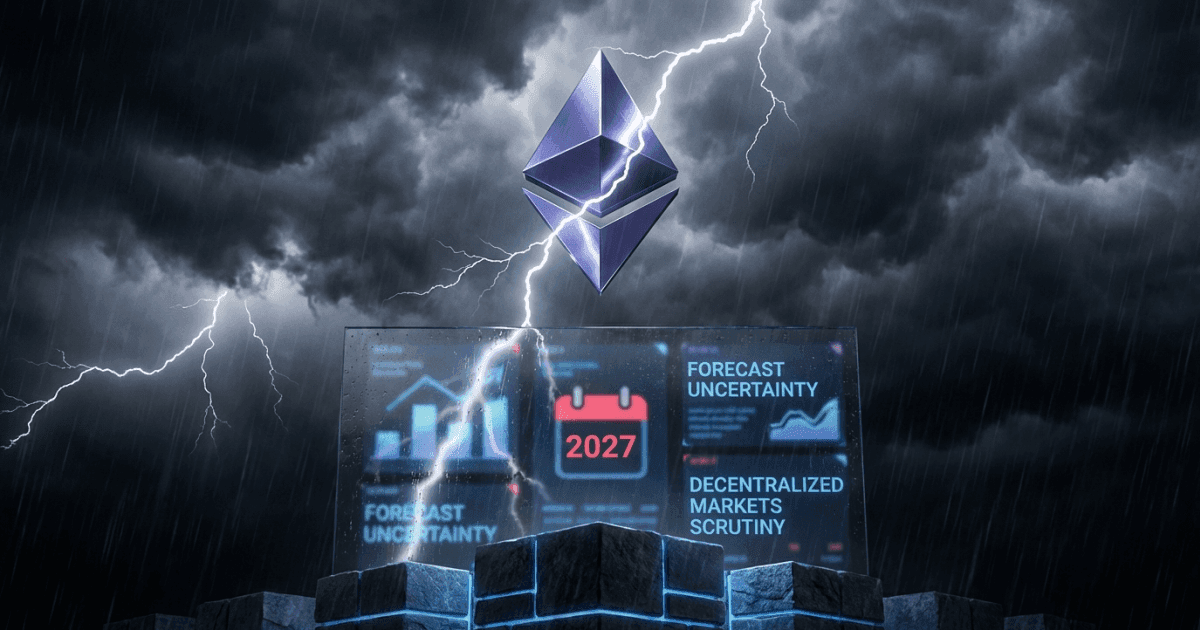Ilustração editorial sobre ethereum: Ethereum Enfrenta Desafios de Mercados de Previsão até 2027