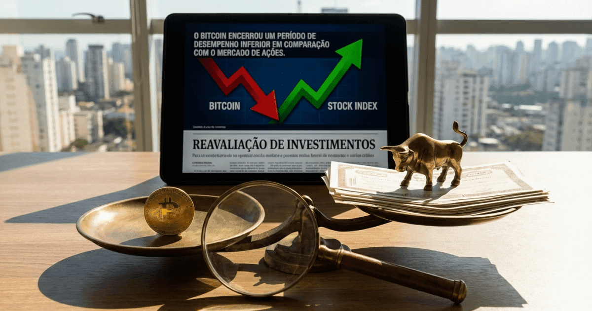 Ilustração editorial sobre bitcoin: Bitcoin: Desempenho Inferior às Ações Força Reavaliação