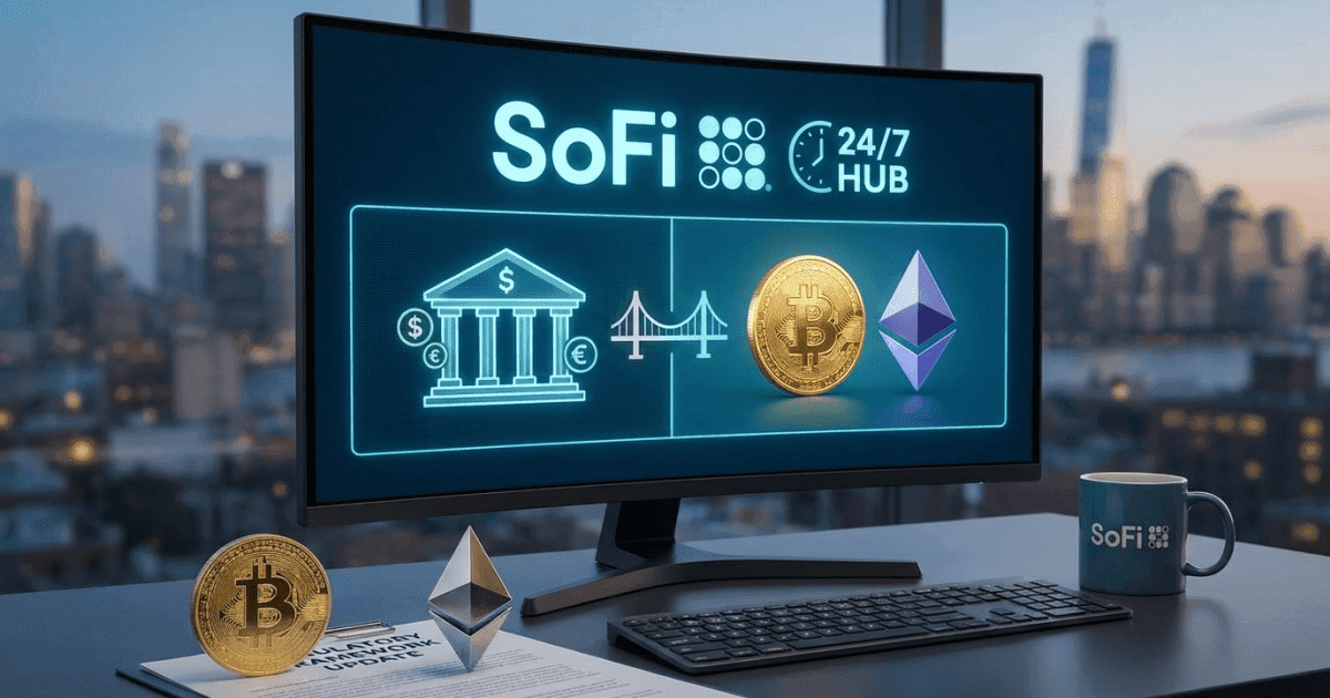 Ilustração editorial sobre regulação: Regulação: SoFi Lança Hub 24/7 para Cripto e Finanças Tradicionais