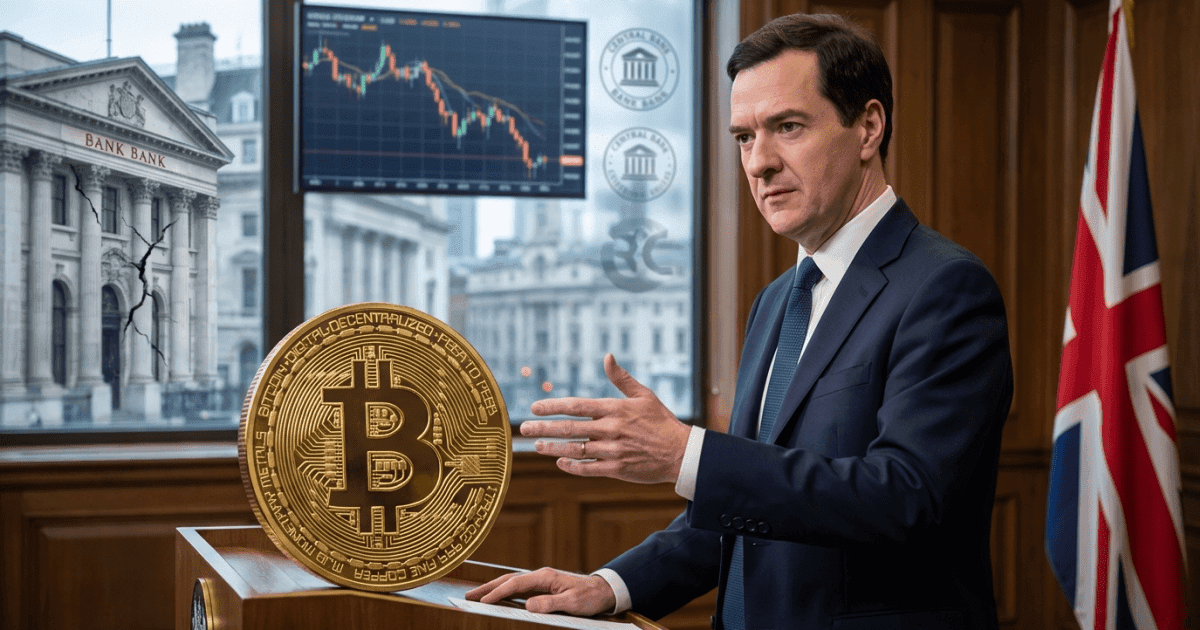 Ilustração editorial sobre bitcoin: Ex-Chanceler Britânico Apoia Bitcoin contra Finanças Falhas