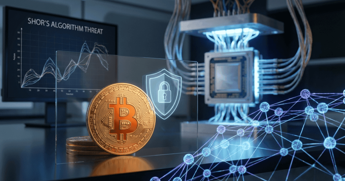 Ilustração editorial sobre bitcoin: Bitcoin: Computação Quântica Revela Desafios à Sua Segurança
