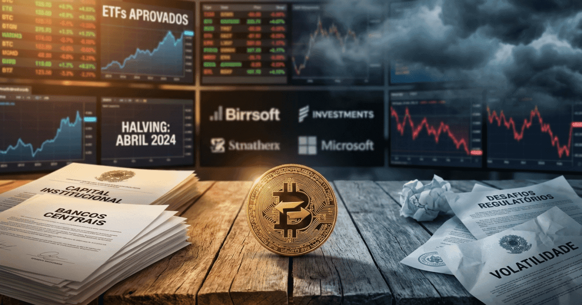 Ilustração editorial sobre bitcoin: Bitcoin Sinaliza Alta Potencial, mas Desafios Pedem Cautela