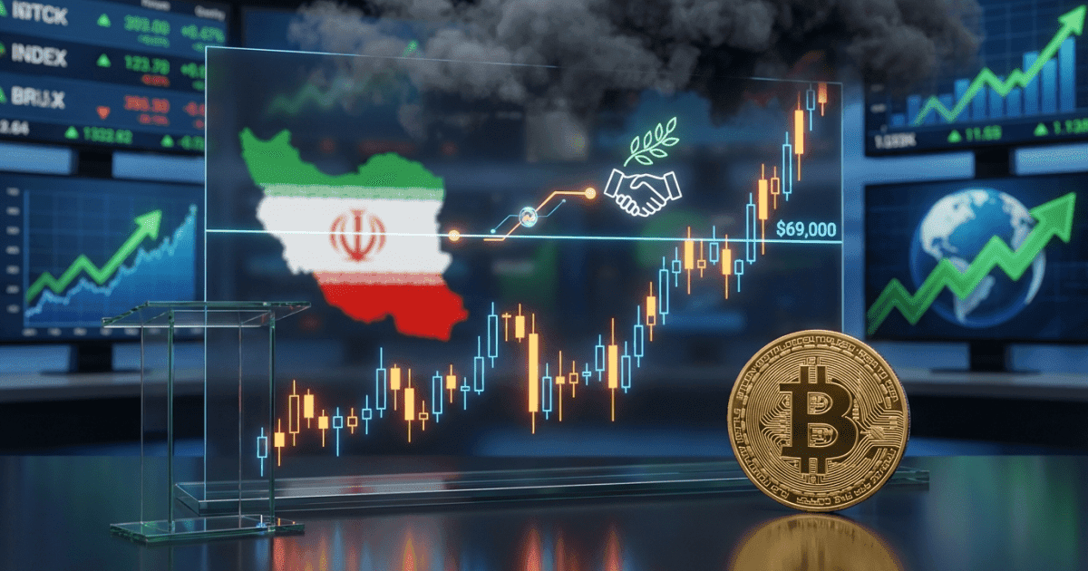 Ilustração editorial sobre bitcoin: Bitcoin Supera US$ 69.000: Acordo Irã Impulsiona Mercados de Risco