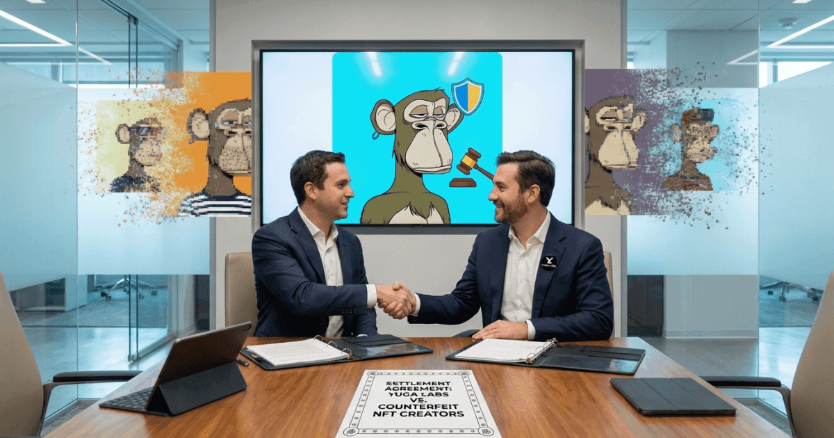 Ilustração editorial sobre regulação: Regulação Cripto: Yuga Labs Anuncia Acordo sobre NFTs BAYC