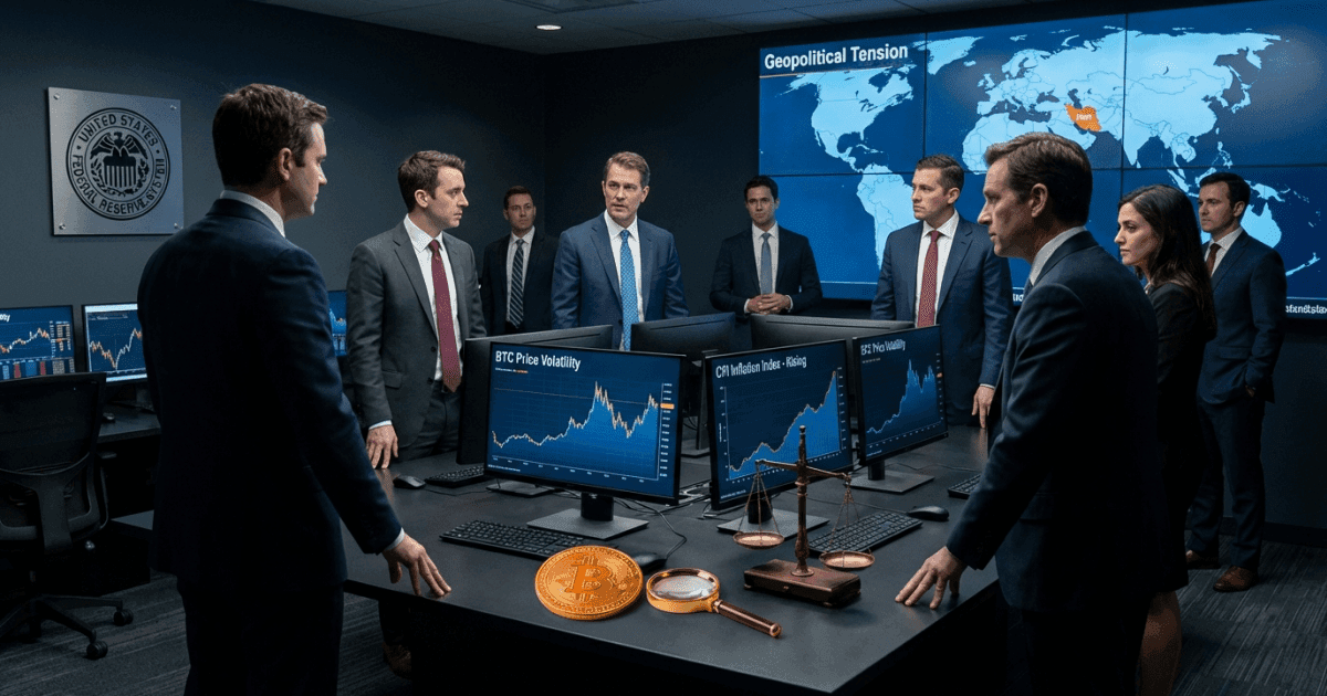 Ilustração editorial sobre bitcoin: Bitcoin: Cautela Institucional Pesa com Inflação e Geopolítica