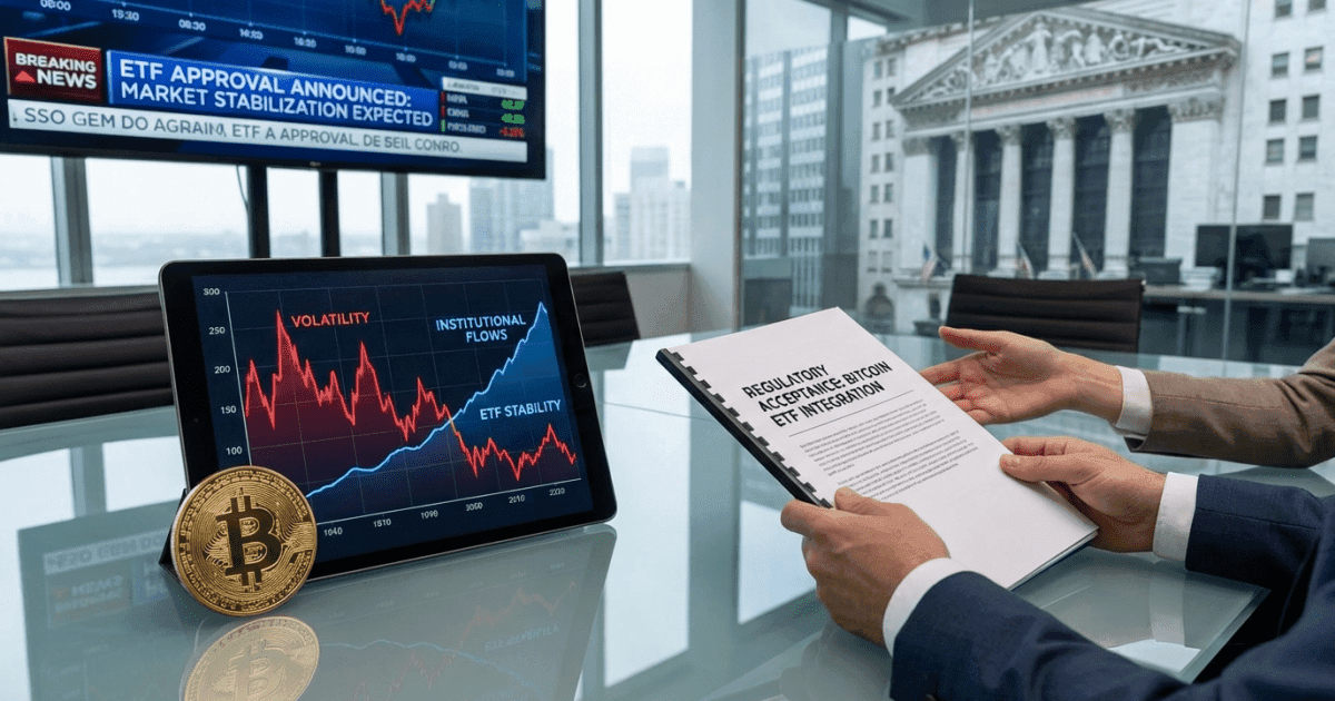 Ilustração editorial sobre bitcoin: Bitcoin e ETFs: Potencial para Menor Volatilidade na Cripto