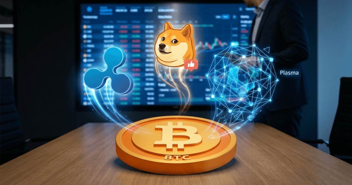 Ilustração editorial sobre altcoins: Altcoins XRP, Plasma e DOGE Crescem com Bitcoin Estável