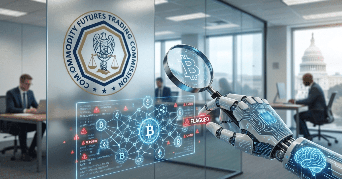 Ilustração editorial sobre regulação: Regulação Cripto nos EUA: IA Fortalece Fiscalização da CFTC