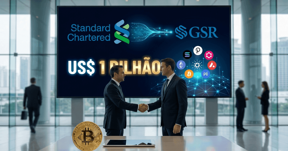 Ilustração editorial sobre altcoins: Standard Chartered Expande em Altcoin com Aposta na GSR (US$ 1 Bi)