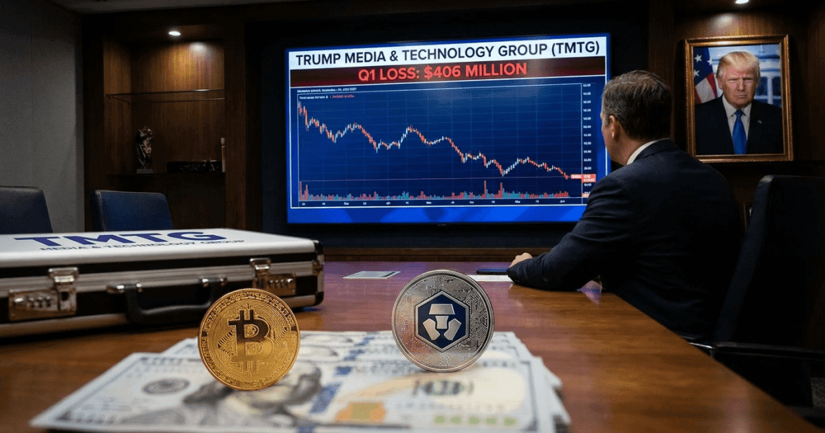 Ilustração editorial sobre bitcoin: Bitcoin Desvaloriza: Trump Media Perde US$406 Mi em Prejuízo