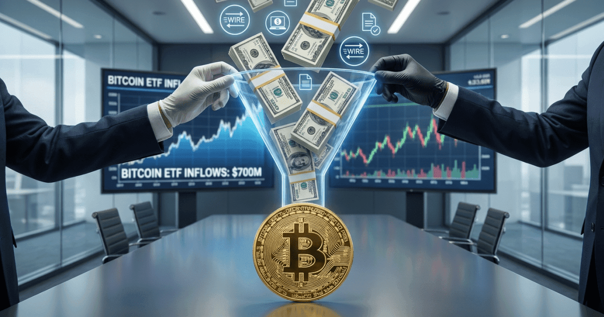 Ilustração editorial sobre bitcoin: Bitcoin Atrai US$700 Milhões em Aposta Institucional nos Fundos