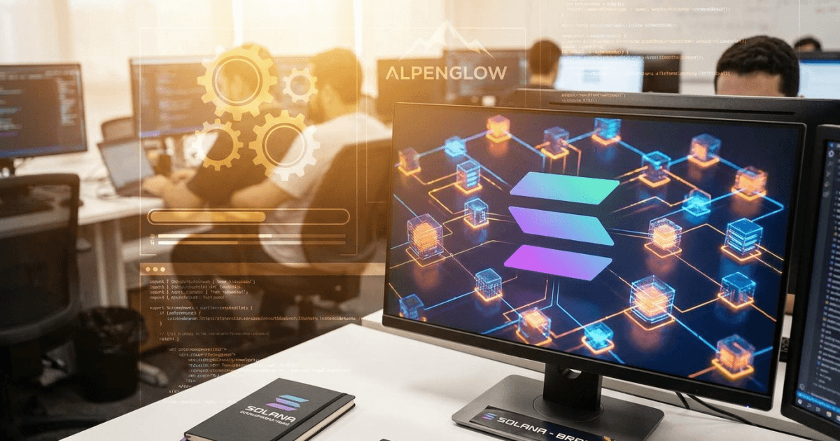 Ilustração editorial sobre altcoins: Altcoin Solana Inicia Testes Alpenglow para Otimizar Rede
