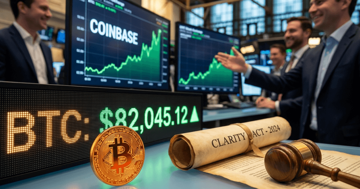 Ilustração editorial sobre bitcoin: Bitcoin Supera US$ 82.000 com Avanço Legislativo e Ações