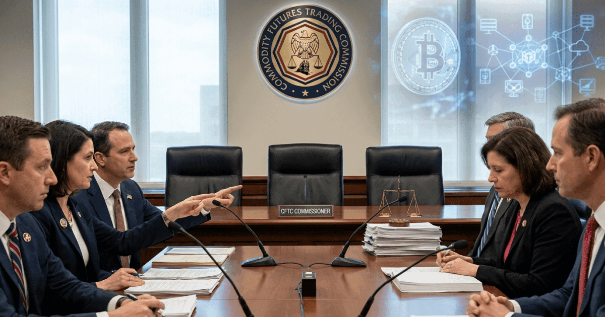 Ilustração editorial sobre regulação: Regulação Cripto nos EUA: Legisladores Urgem Vagas na CFTC