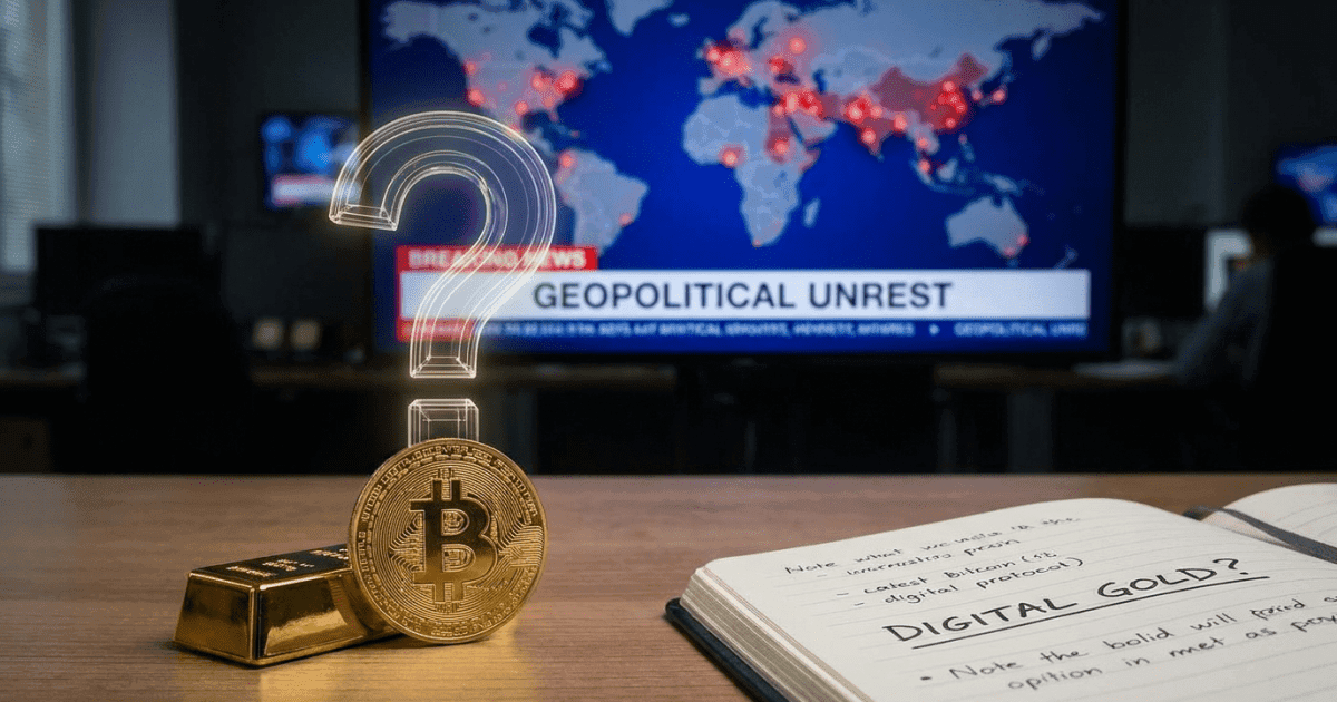 Ilustração editorial sobre bitcoin: Bitcoin: Instabilidade Geopolítica Questiona Seu Papel