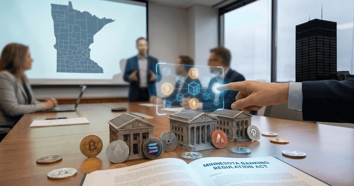 Ilustração editorial sobre regulação: Regulação: Minnesota capacita bancos locais para criptoativos