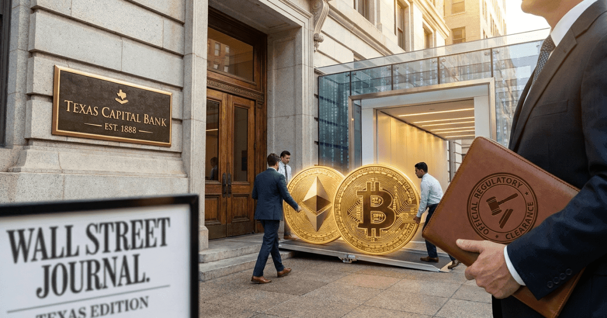 Ilustração editorial sobre regulação: Banco do Texas Lança Serviços Cripto Após Pivot Regulatório
