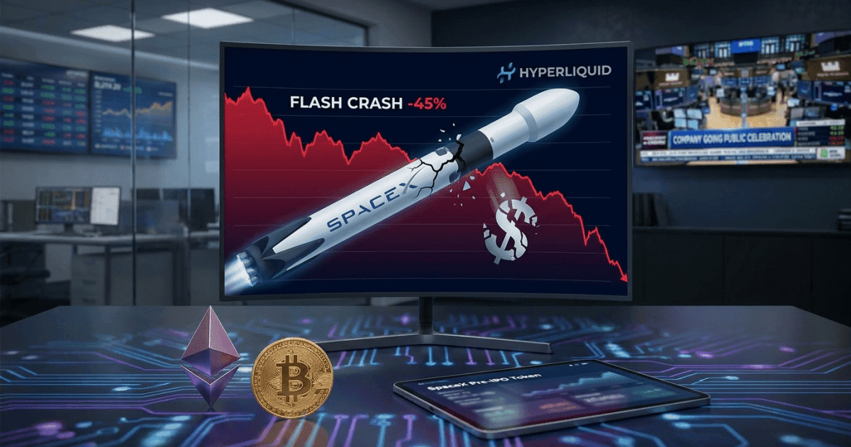 Ilustração editorial sobre altcoins: Altcoin: Contratos SpaceX DeFi Sofrem Queda de 45%, Liquida US$1,5M