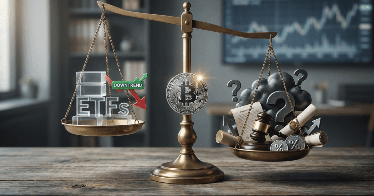 Ilustração editorial sobre regulação: Bitcoin: ETFs Reduzem Saídas, Mas Novas Incertezas Surgem