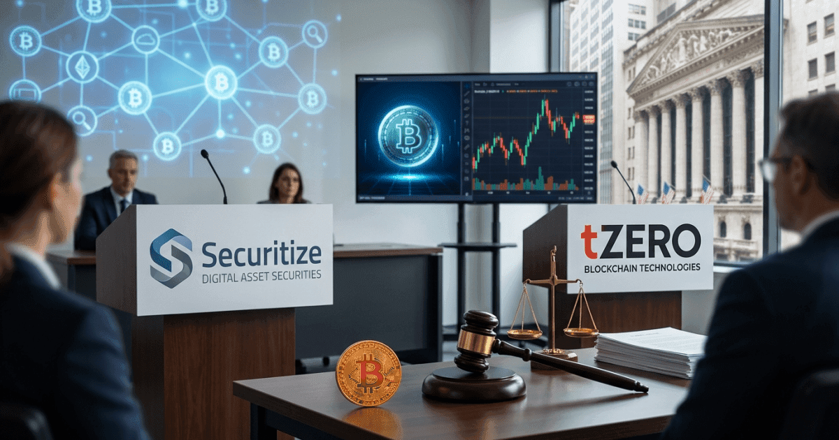 Ilustração editorial sobre regulação: Regulação de Patentes: Securitize vs. tZERO Luta pela Tokenização