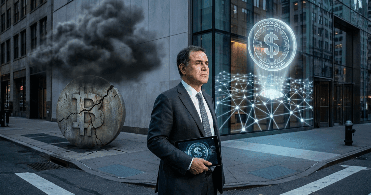 Ilustração editorial sobre regulação: Roubini, crítico do Bitcoin, lança altcoin "Technodollar" em tokenização.