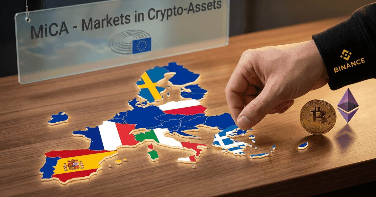 Ilustração editorial sobre altcoins: Binance Reavalia Europa: Altcoin e Retirada MiCA na Grécia