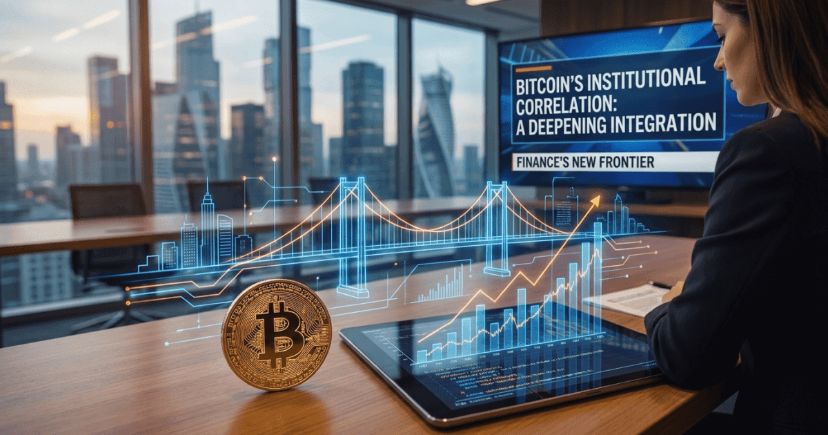 Ilustração editorial sobre bitcoin: Bitcoin e Ativos Institucionais: Correlação Aprofunda Integração