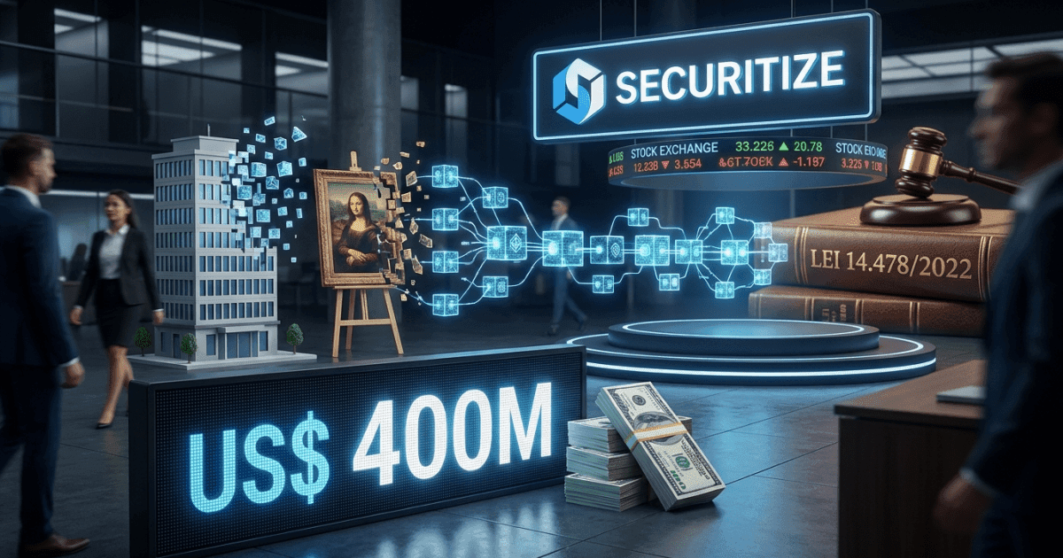 Ilustração editorial sobre regulação: Securitize busca US$400M: Regulação chave para estreia pública