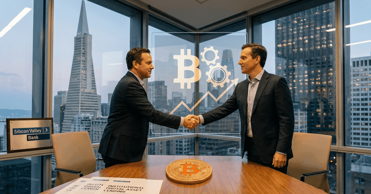 Ilustração editorial sobre bitcoin: Bitcoin Lending Entra em Nova Era Institucional, aponta SVB