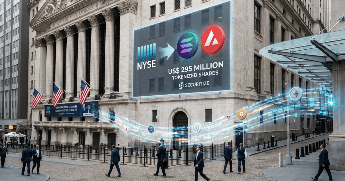 Ilustração editorial sobre altcoins: Securitize Tokeniza US$ 295M: Altcoins Solana e Avalanche na NYSE