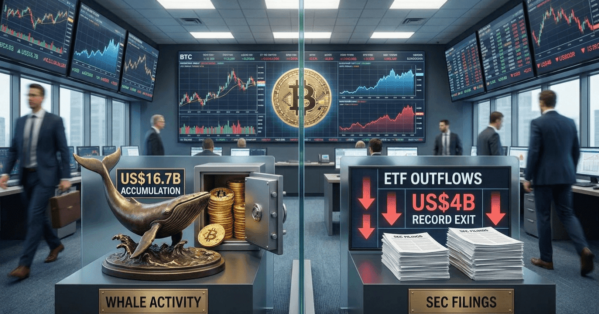 Ilustração editorial sobre regulação: Bitcoin: Baleias Acumulam US$16,7 Bi, Desafiando Saídas de ETFs