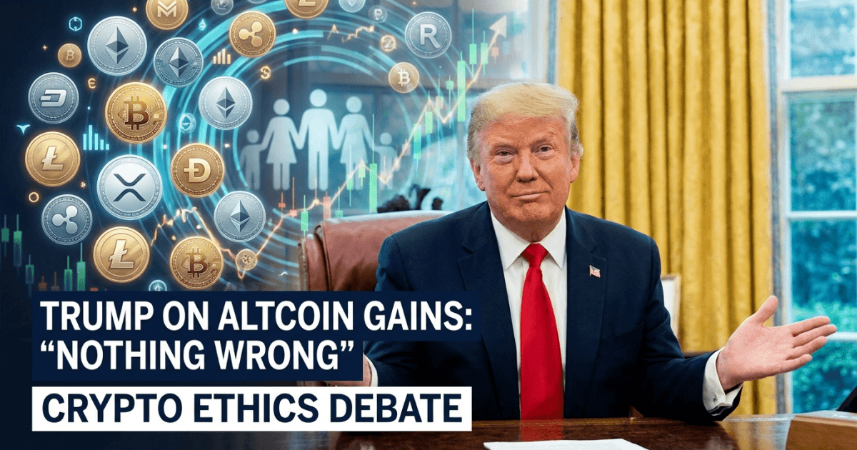 Ilustração editorial sobre altcoins: Trump Comenta Ganhos em Altcoins da Família: 'Nada de Errado