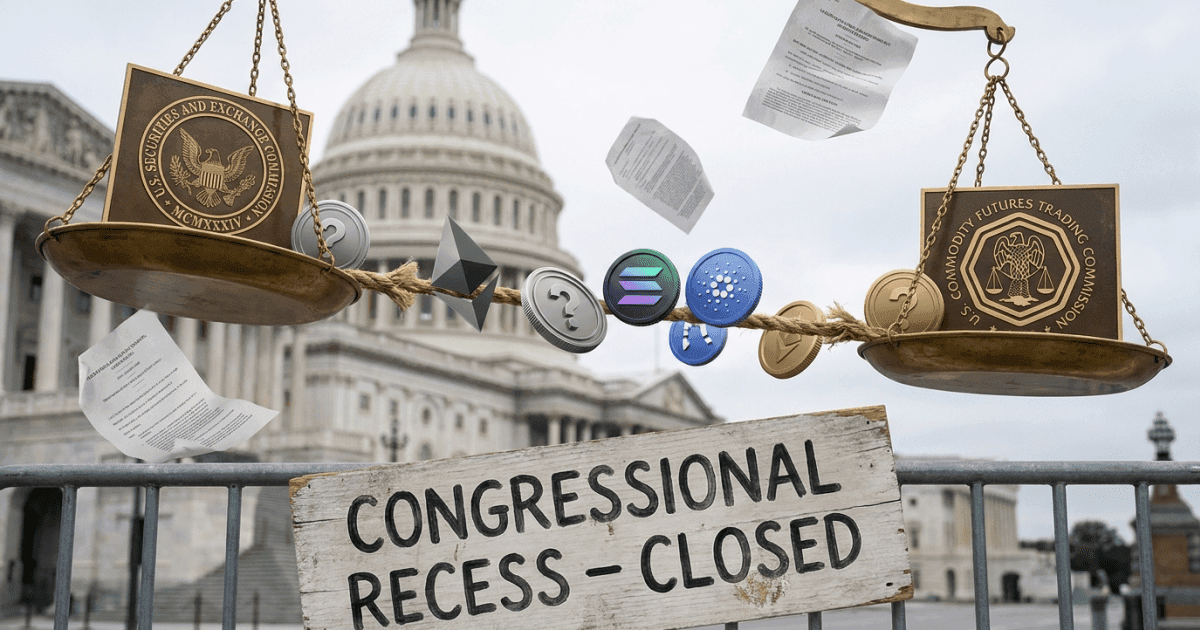 Ilustração editorial sobre altcoins: Altcoins: Recesso do Congresso EUA Estagna Regulação Cripto