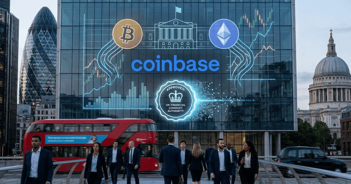 Ilustração editorial sobre regulação: Regulação Aprovada: Coinbase une cripto e investimentos no UK
