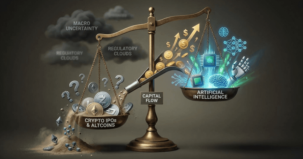 Ilustração editorial sobre altcoins: IPOs Cripto Desaceleram: Altcoins Sentem Fuga de Capital para IA