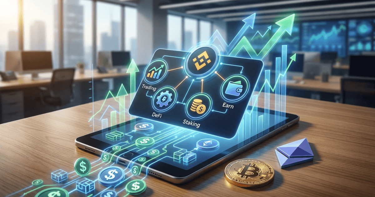 Ilustração editorial sobre defi: DeFi no Super App Binance: Stablecoins Redefinem Crescimento Cripto