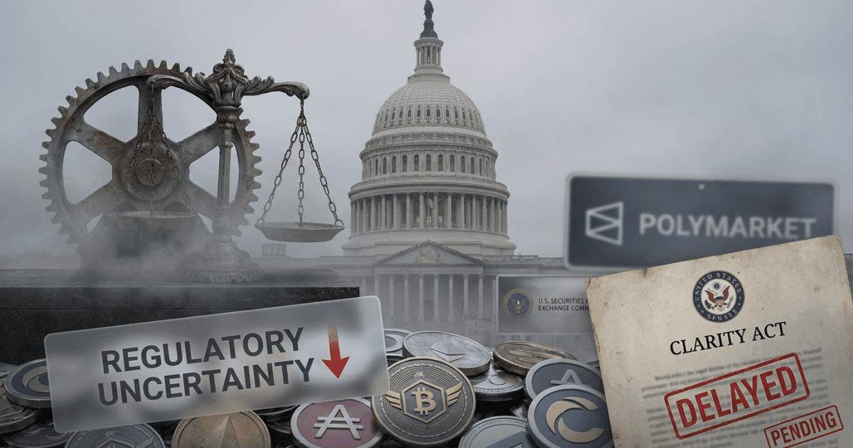 Ilustração editorial sobre regulação: Altcoins: Probabilidade de Lei Cripto nos EUA Atinge Mínima