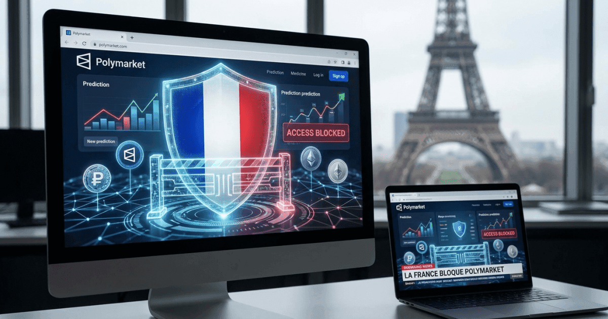 Ilustração editorial sobre altcoins: França Bloqueia Polymarket: Implicações para Altcoins e Regulação