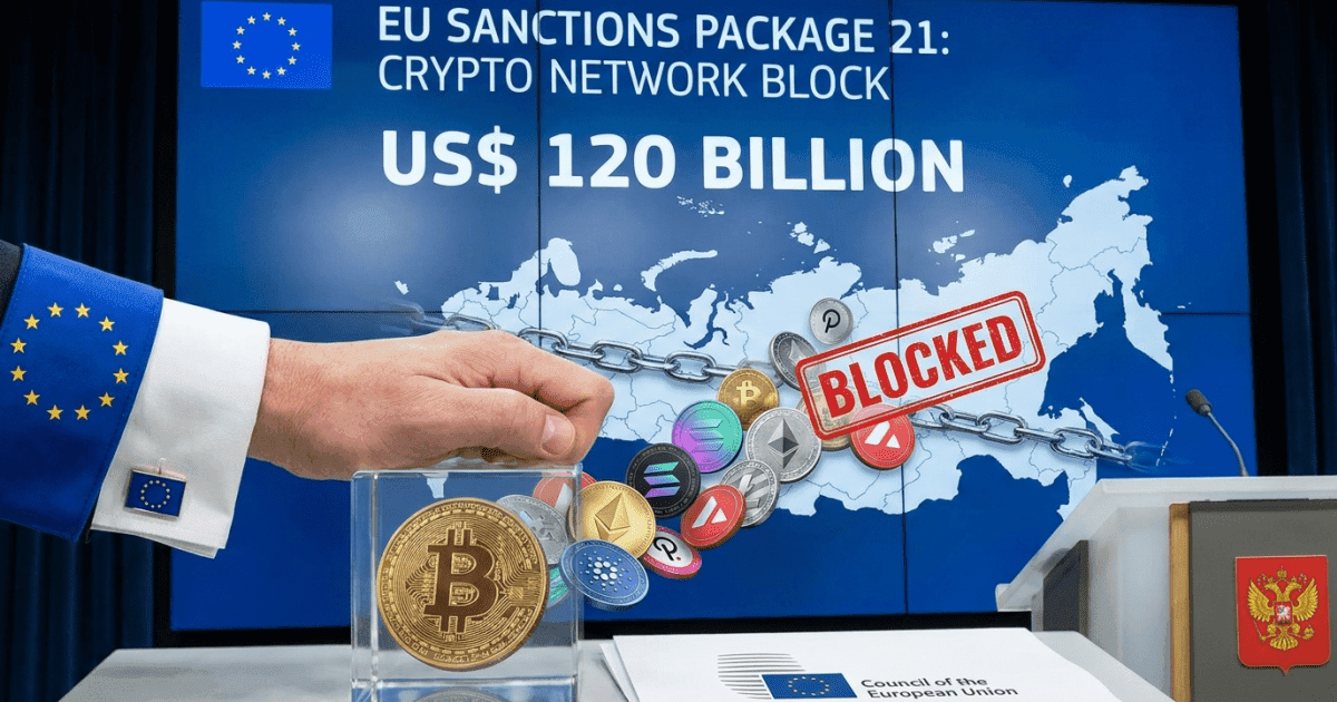Ilustração editorial sobre altcoins: Altcoin na mira: UE sanciona rede cripto de US$ 120 bi ligada à Rússia