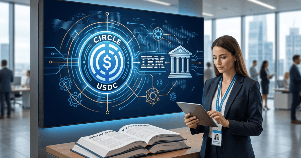 Ilustração editorial sobre defi: DeFi: Circle Adquire Mil Patentes da IBM para Fortalecer USDC em Bancos Globais