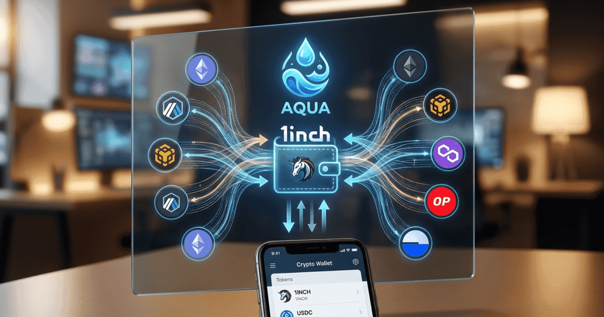 Ilustração editorial sobre altcoins: 1inch Lança Aqua para Unificar Liquidez DeFi em 13 Blockchains