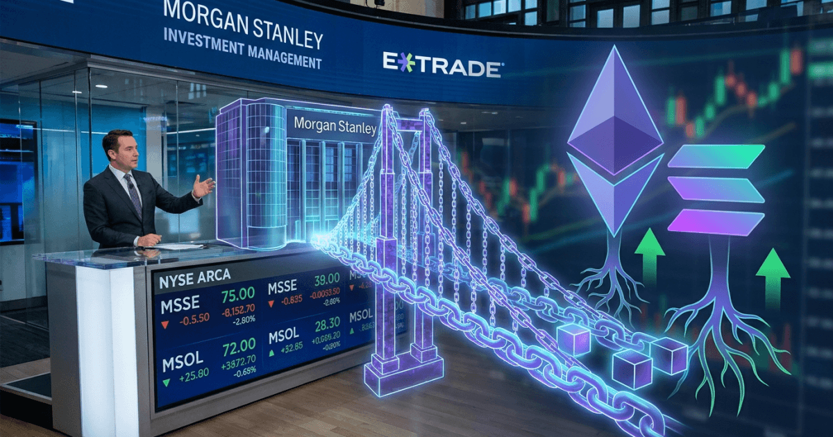 Ilustração editorial sobre ethereum: Morgan Stanley Lança ETPs de Ethereum e Solana, Expandindo Oferta Cripto