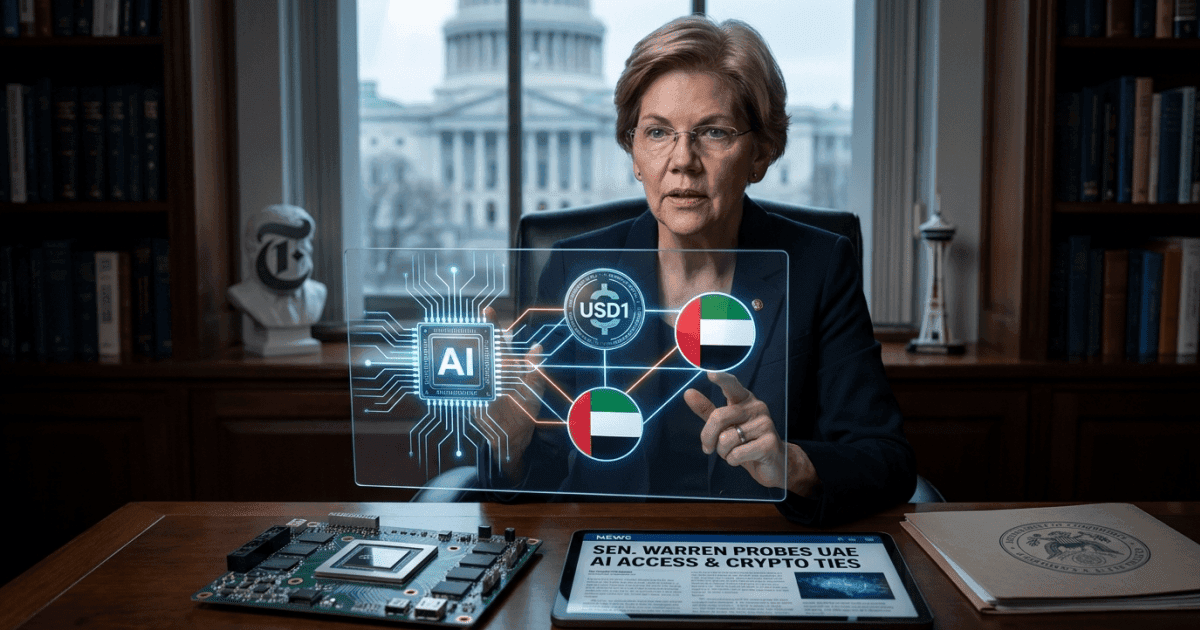 Ilustração editorial sobre regulação: Regulação: Warren Questiona Chips de IA e Cripto da Família Trump