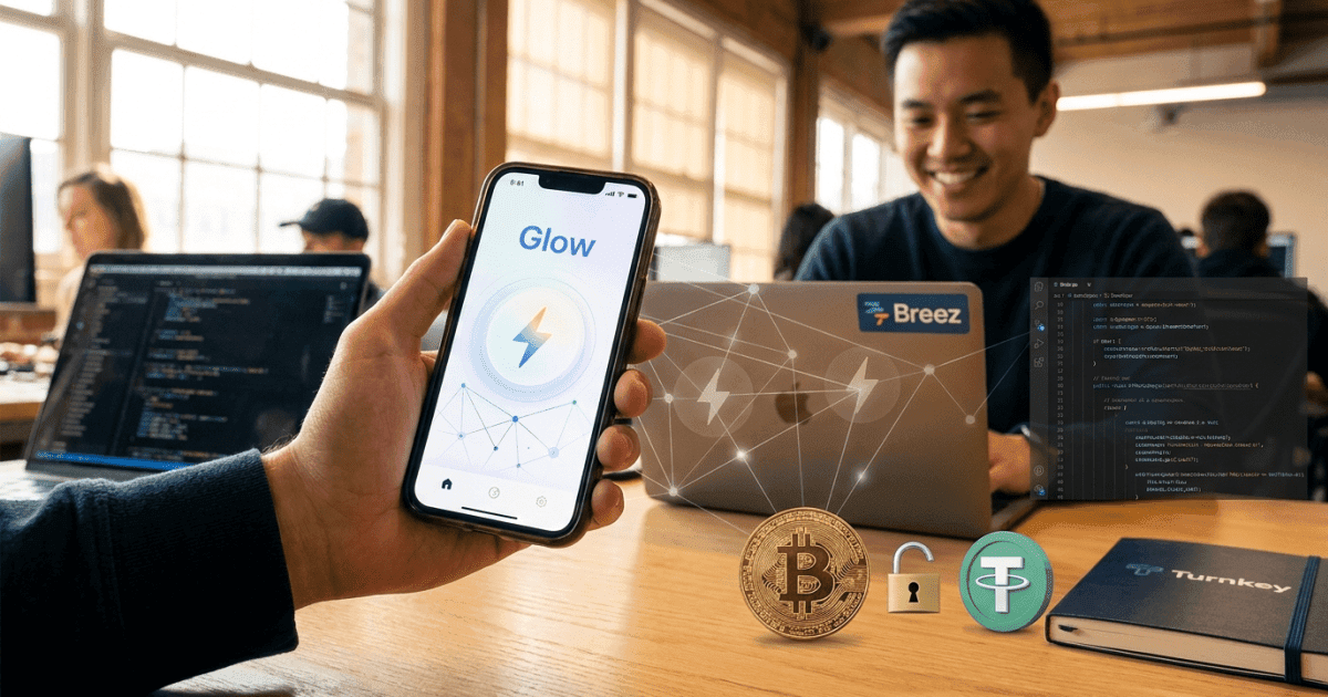 Ilustração editorial sobre bitcoin: Breez Lança Glow: Bitcoin Mais Acessível para Usuários e Desenvolvedores